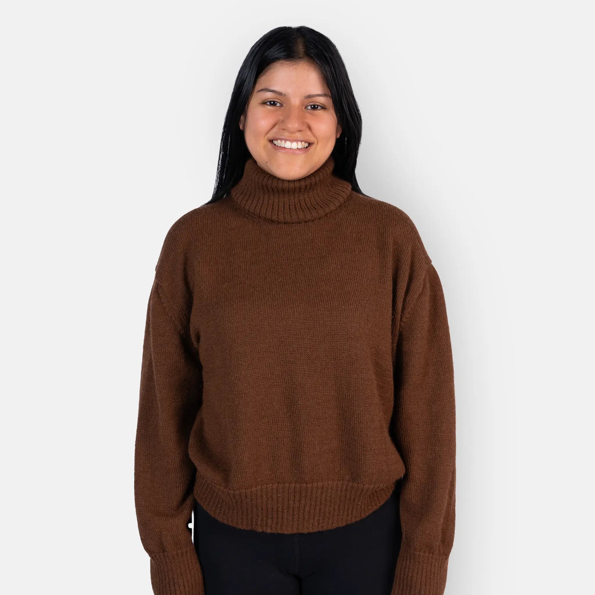 womens organic alpaca wool turtleneck sweater color dark brown