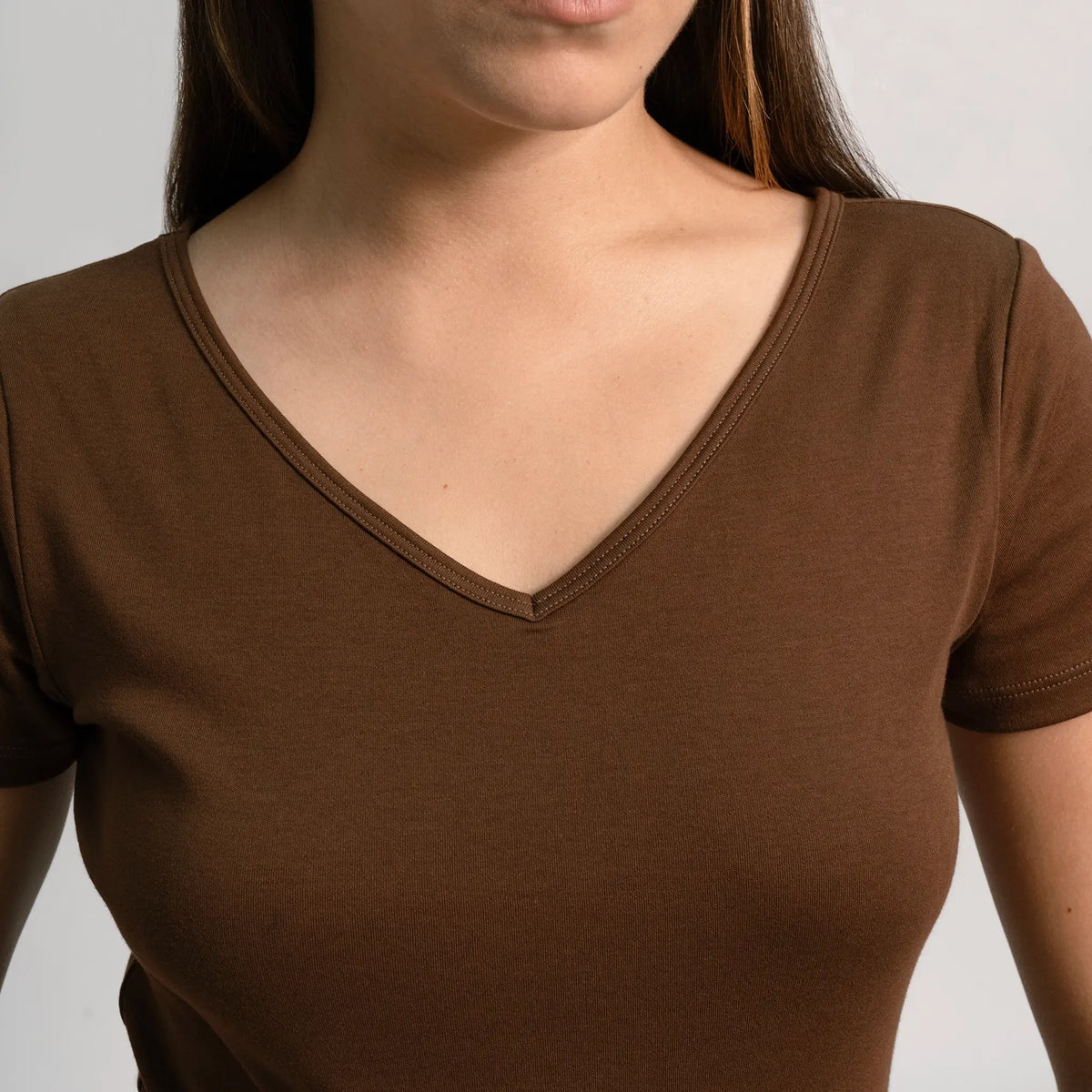 womens sustainable tee tshirt vneck color brown