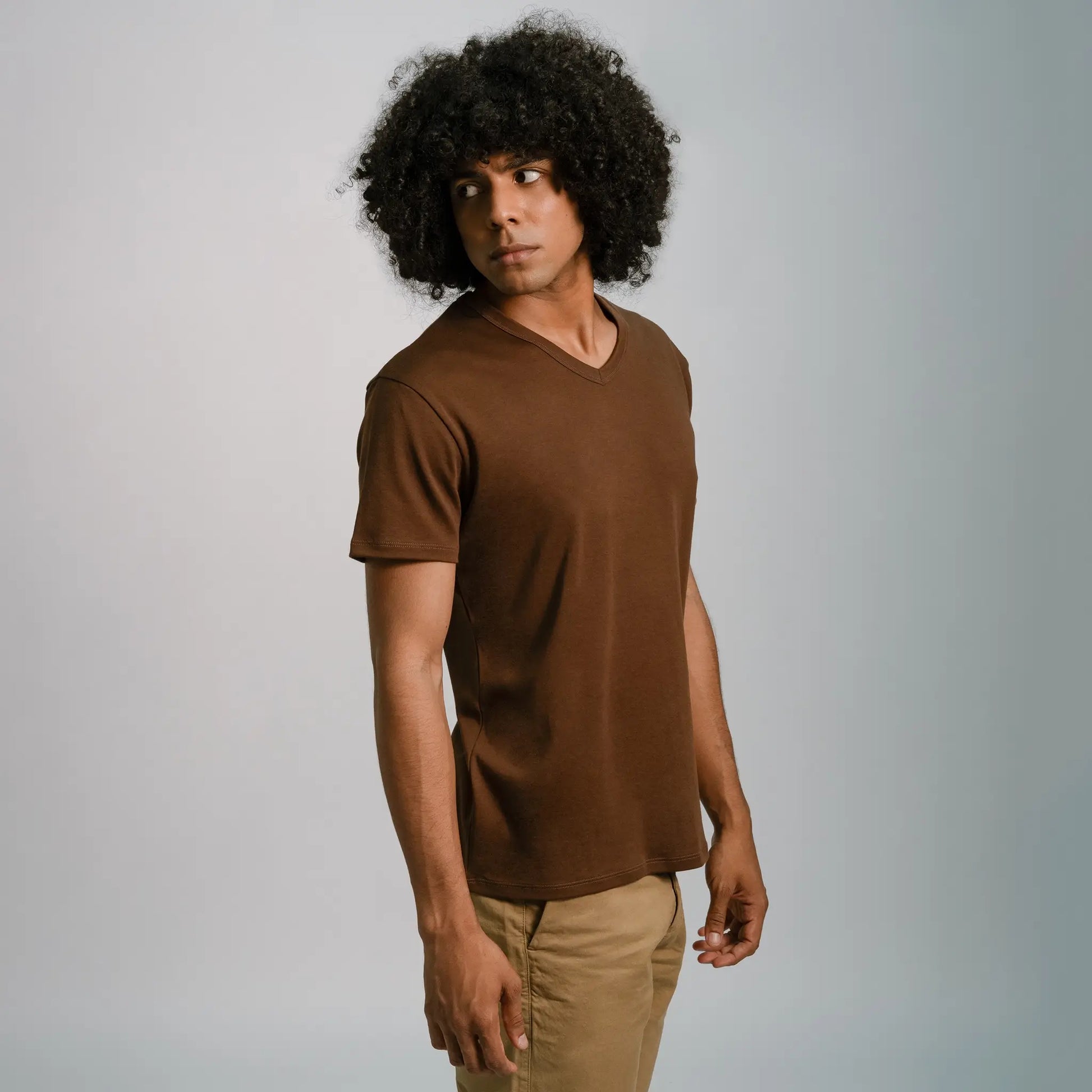 mens natural fiber tshirt vneck color brown