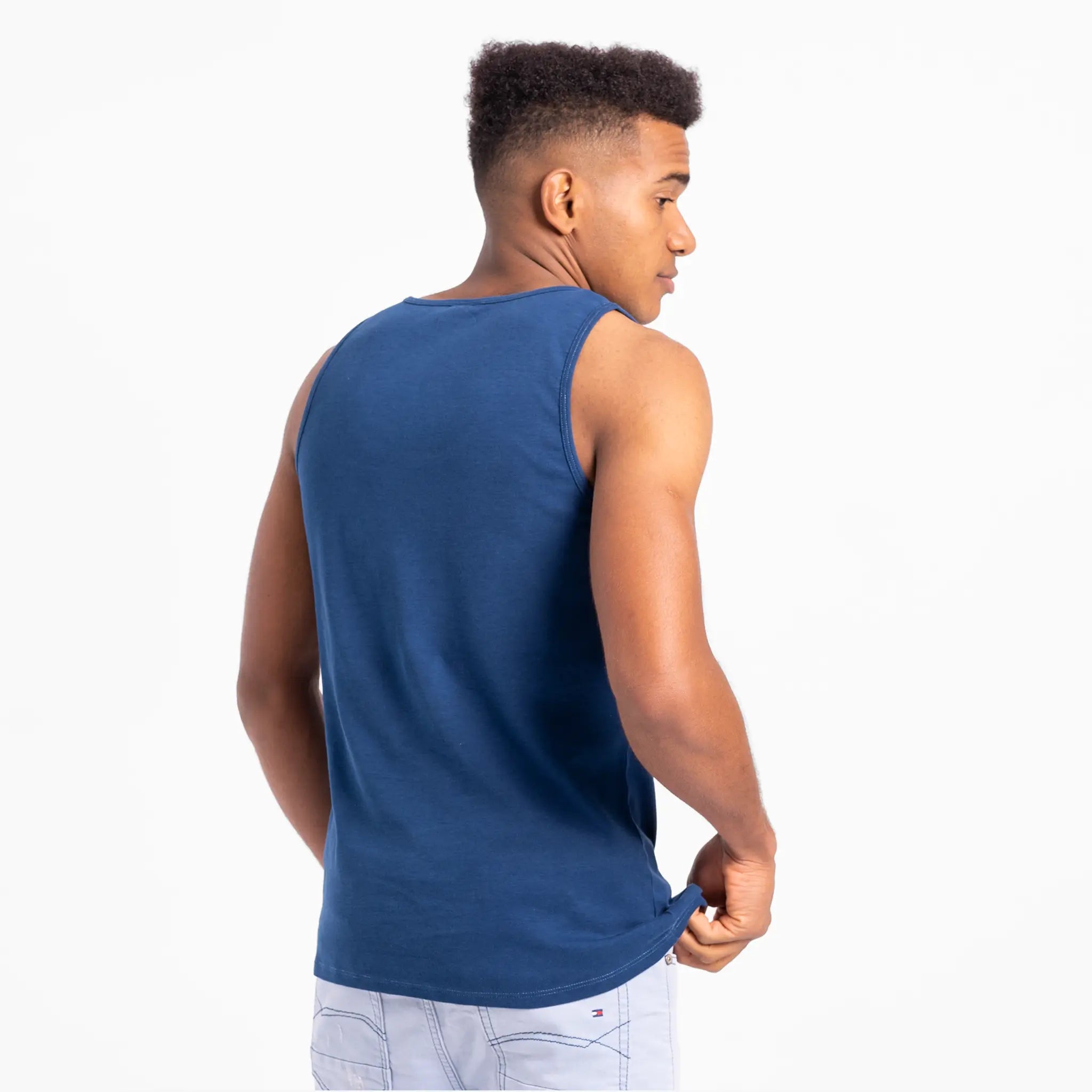 mens single origin tank top color natural blue