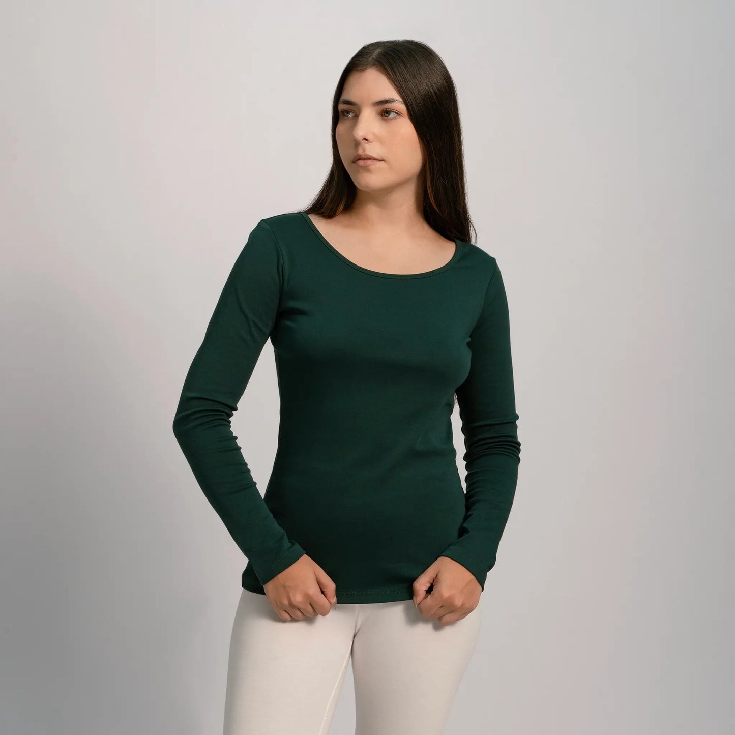 womens all natural scoop neck long sleeve color dark teal