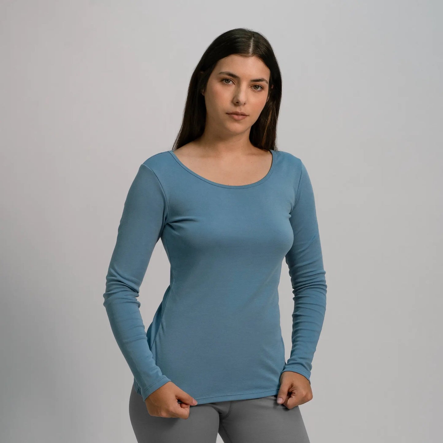 womens biodegradable scoop neck long sleeve color sky blue