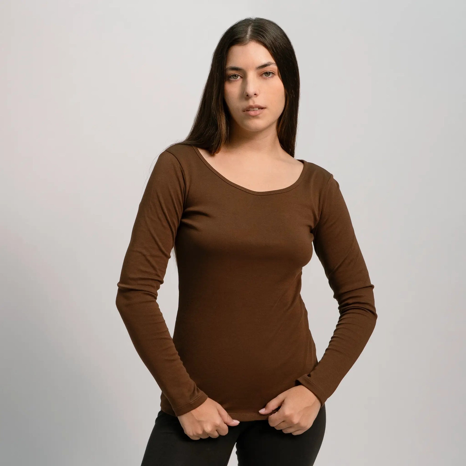 womens comfortable fit scoop neck long sleeve color brown