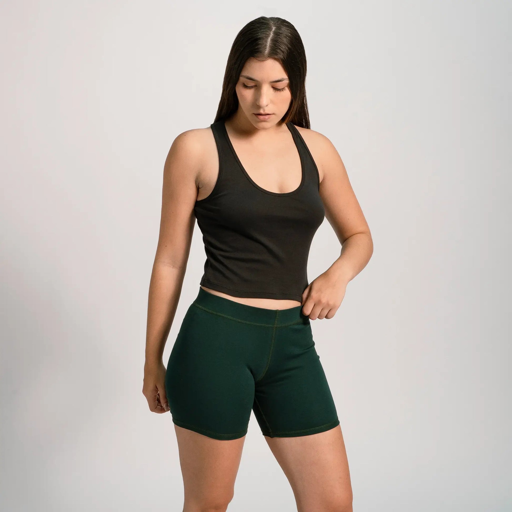 womens eco conscious biker shorts color dark teal
