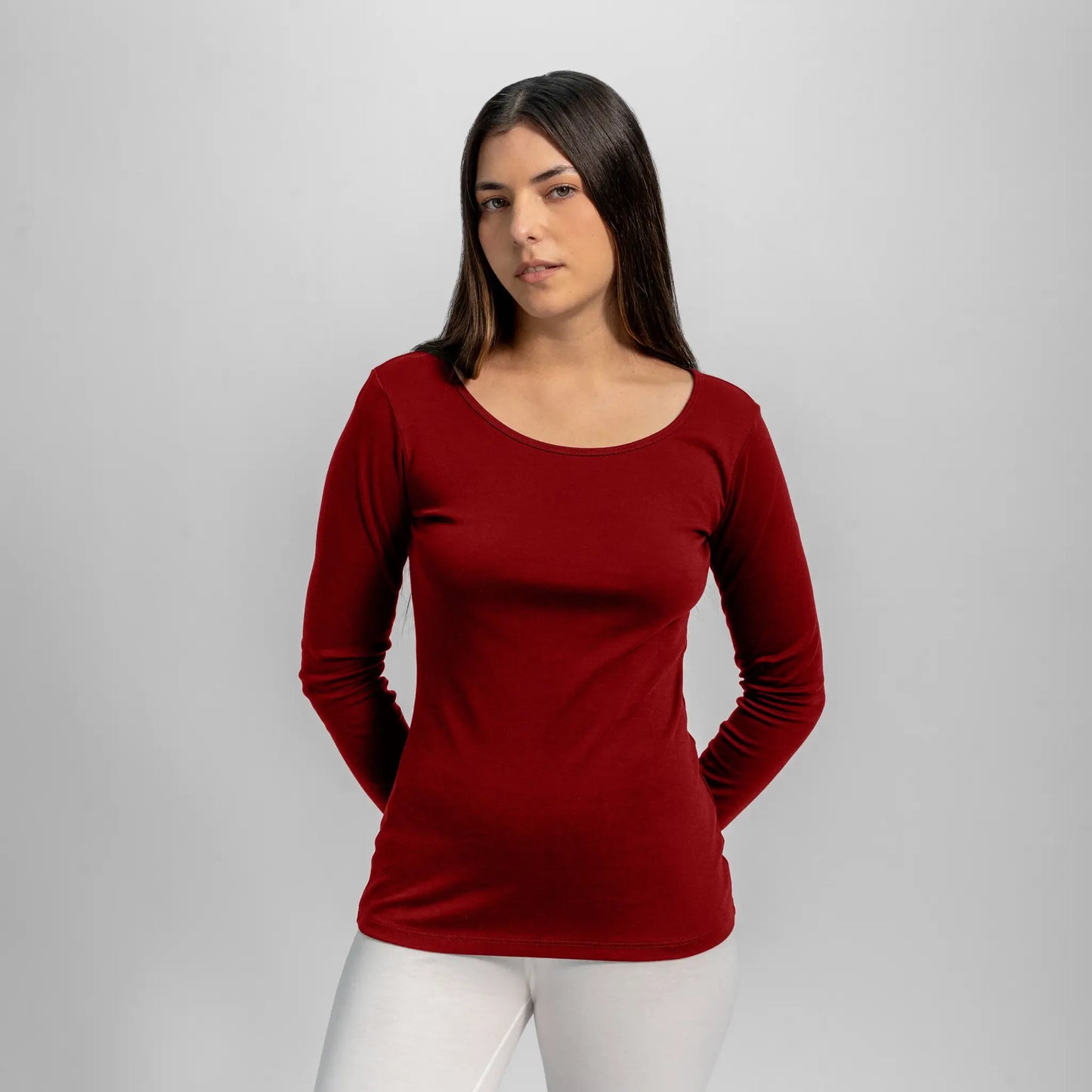 womens eco friendly scoop neck long sleeve color maroon