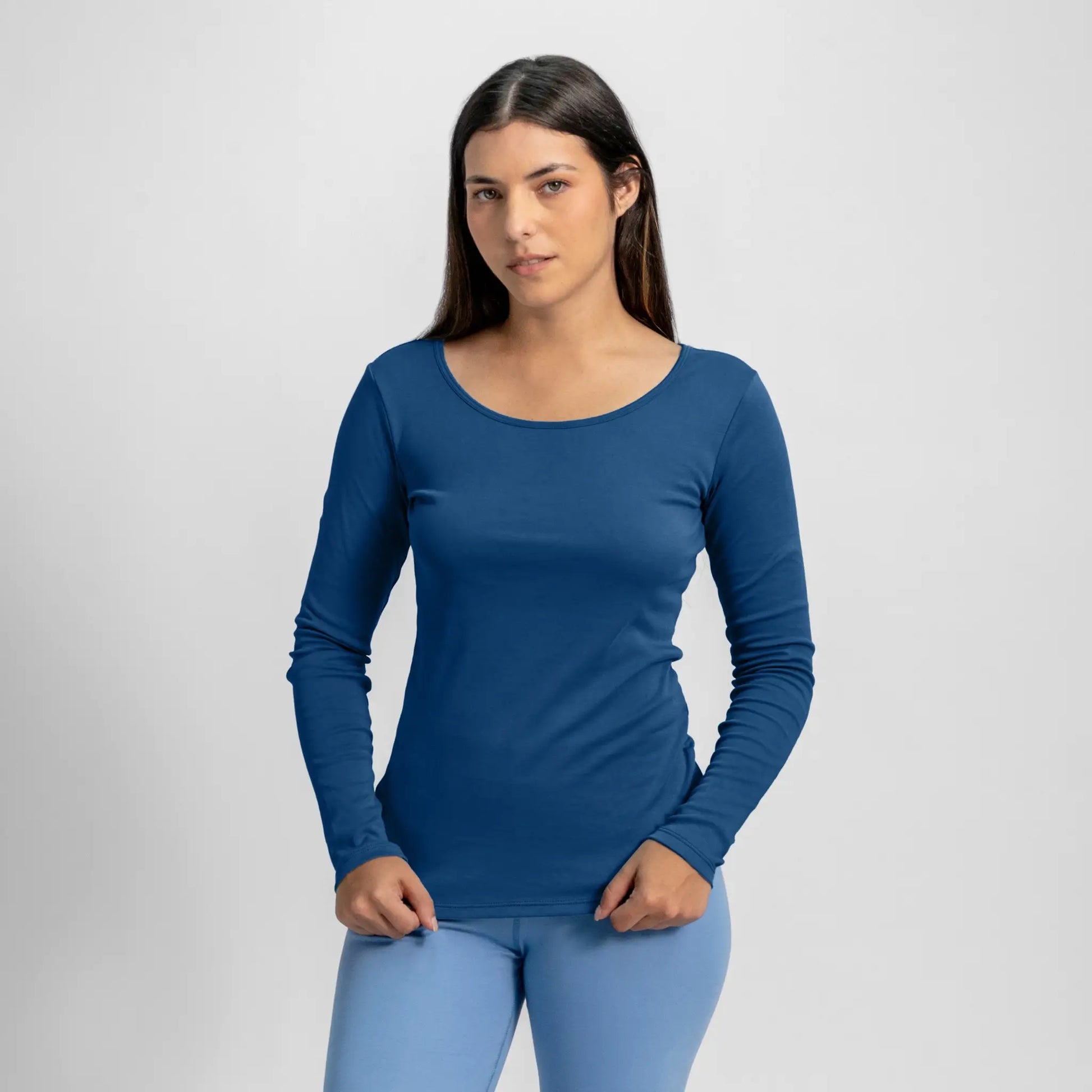 womens eco friendly scoop neck long sleeve color natural blue