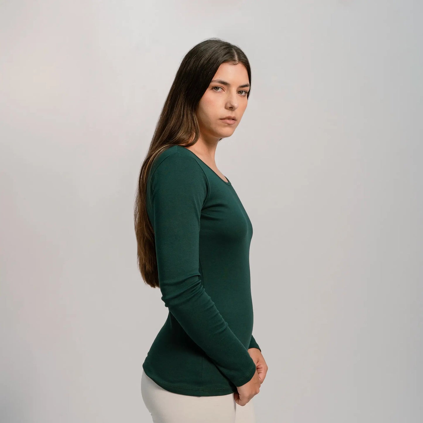 womens low impact dye scoop neck long sleeve color dark teal