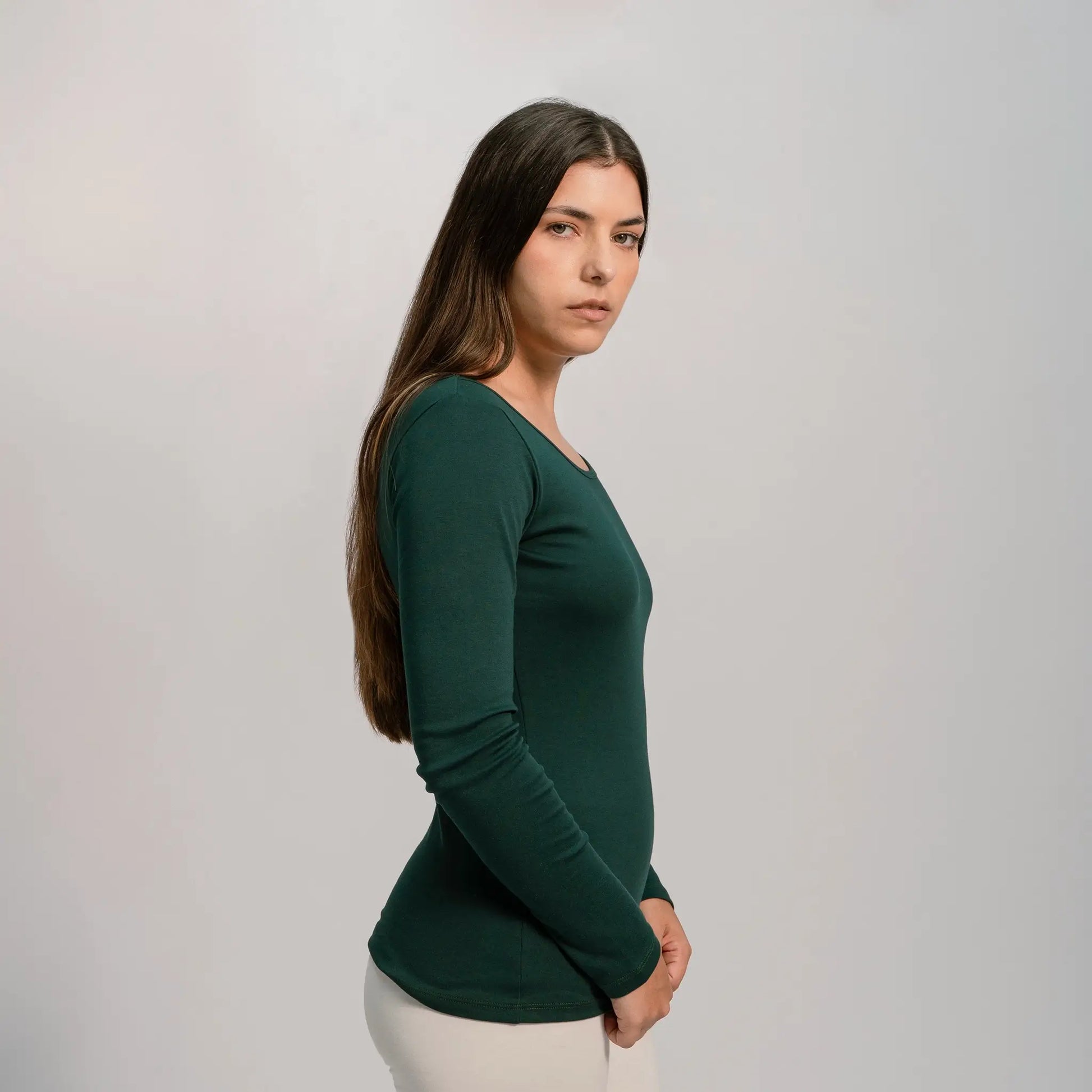 womens low impact dye scoop neck long sleeve color dark teal