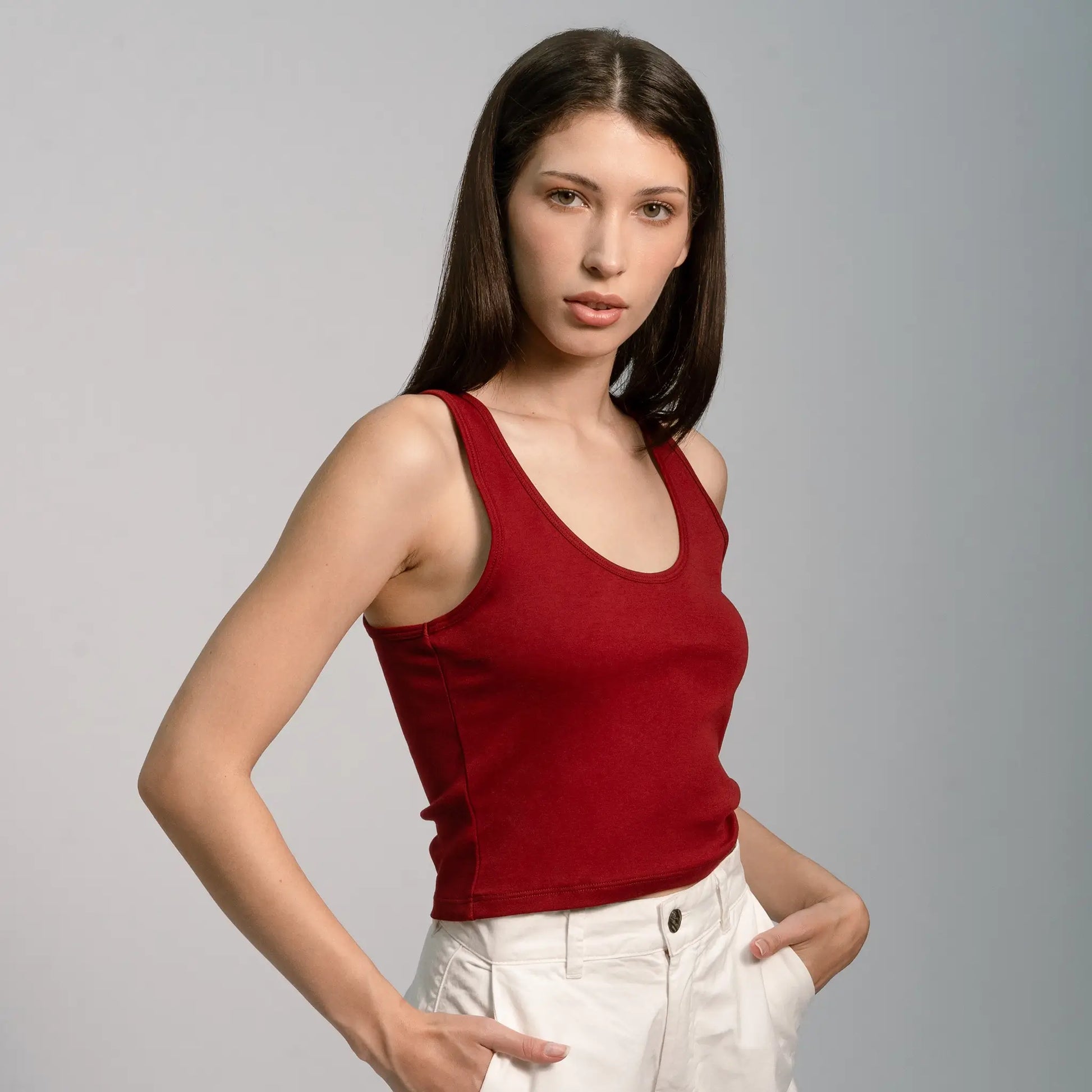 womens most sustainable short tank color maroon