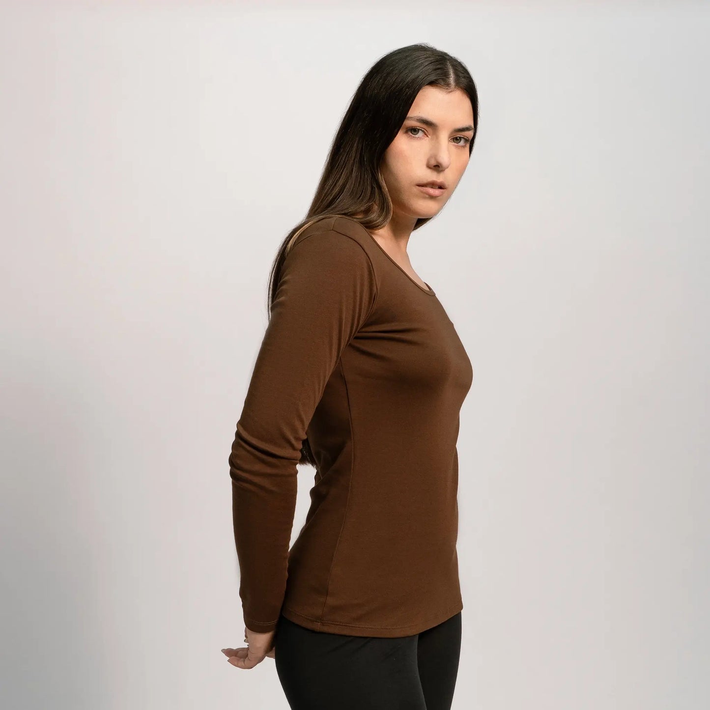 womens natural fiber scoop neck long sleeve color brown