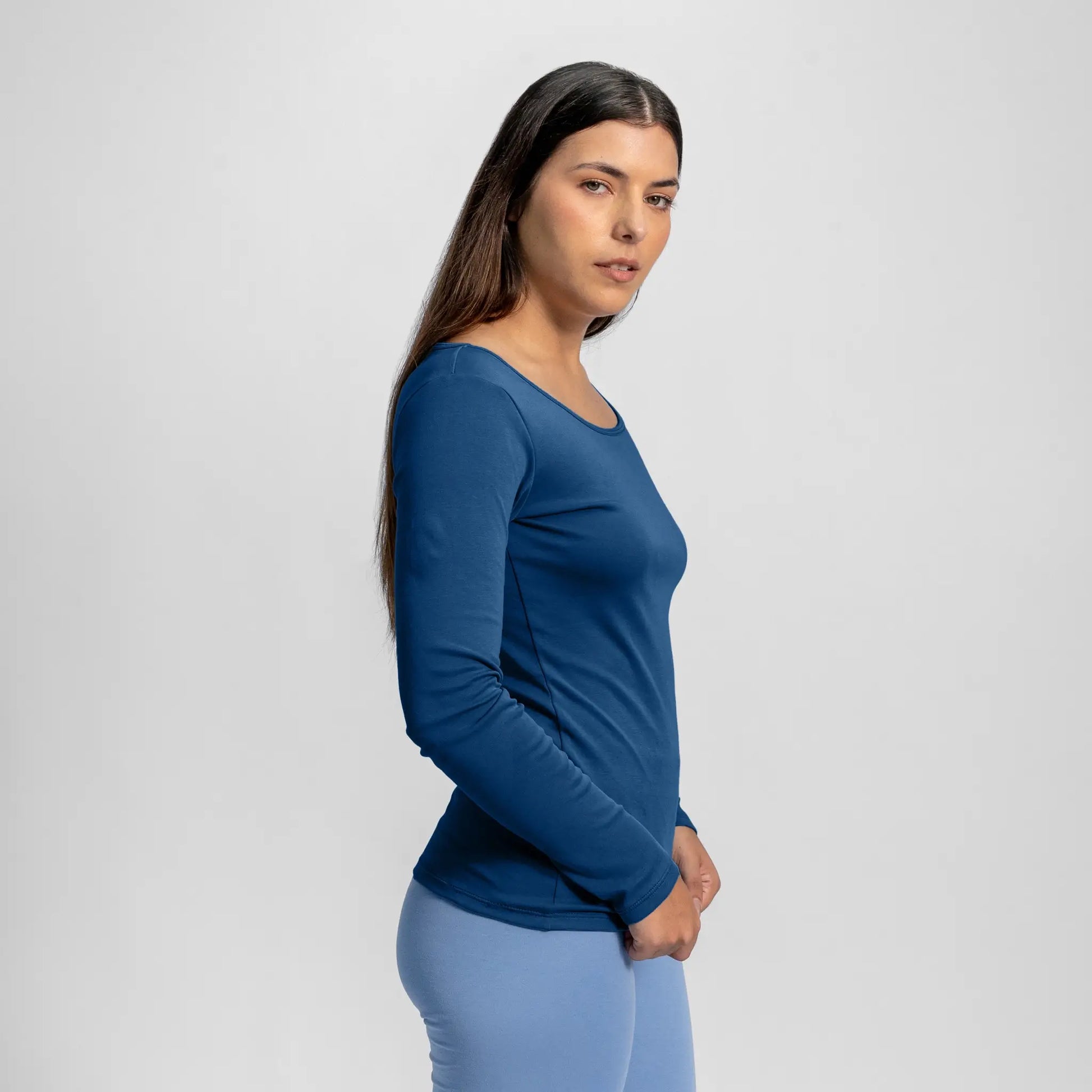 womens natural fiber scoop neck long sleeve color natural blue