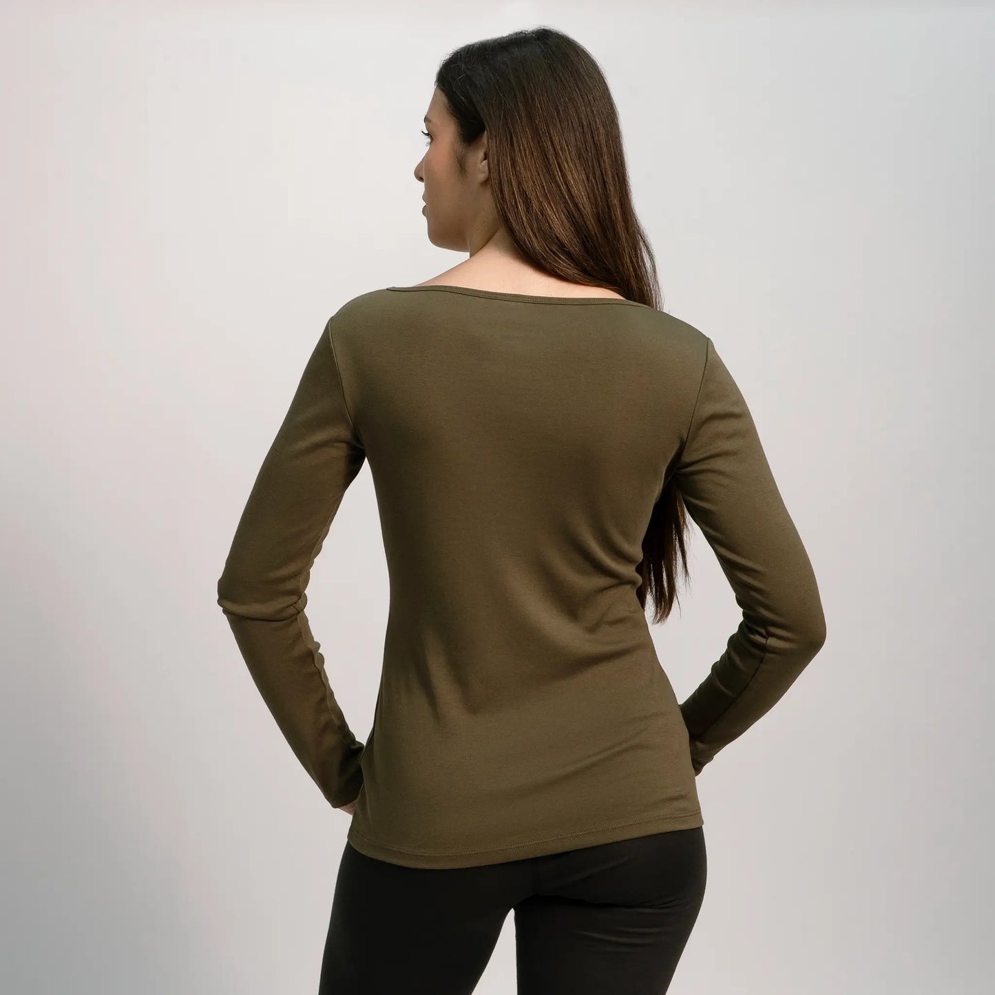womens natural product scoop neck long sleeve color green