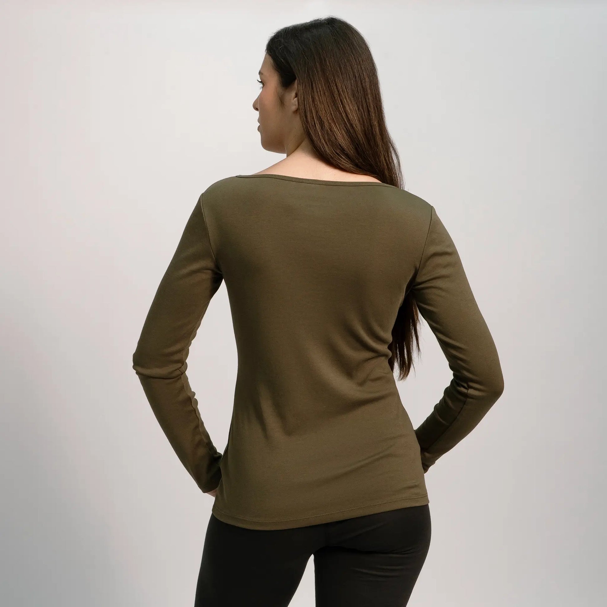 womens natural product scoop neck long sleeve color green