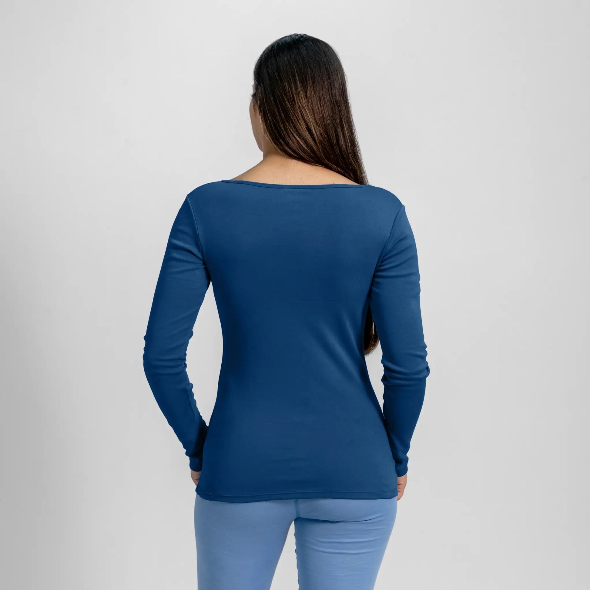 womens organic cotton scoop neck long sleeve color natural blue