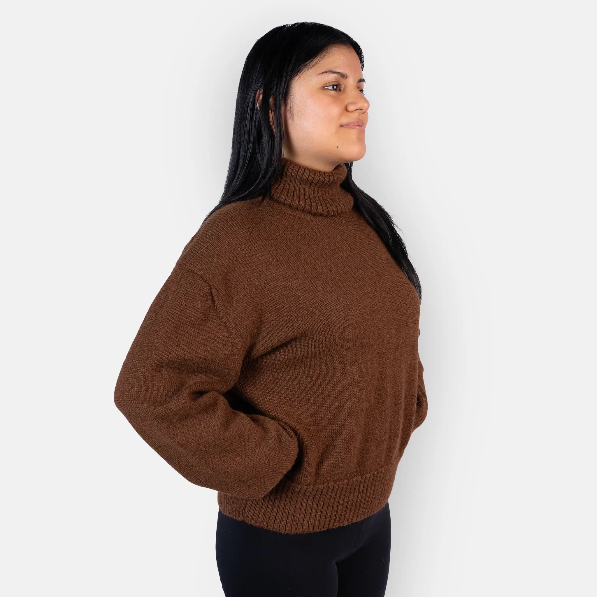 womens outdoor alpaca wool turtleneck sweater color dark brown