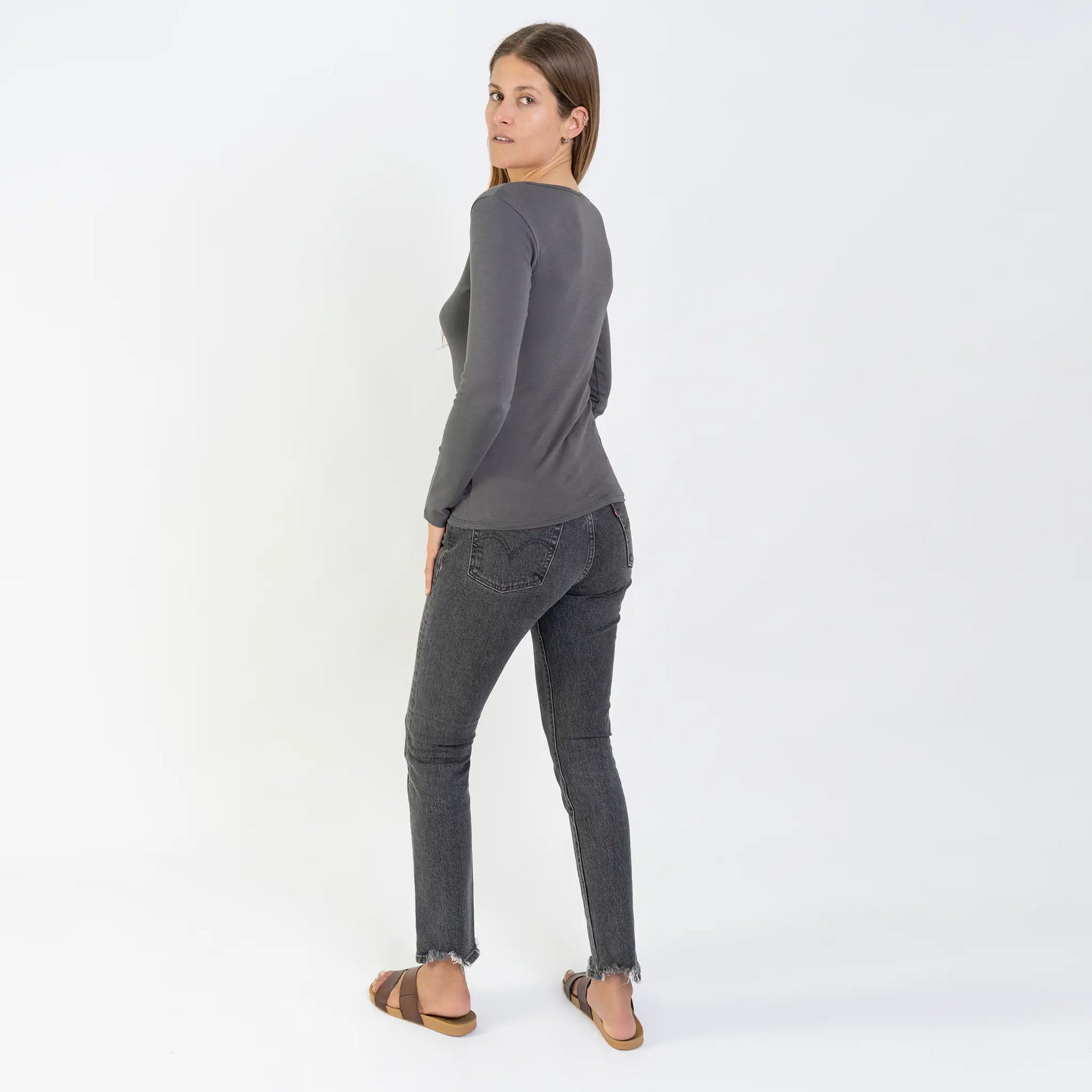 womens single origin scoop neck long sleeve color gray