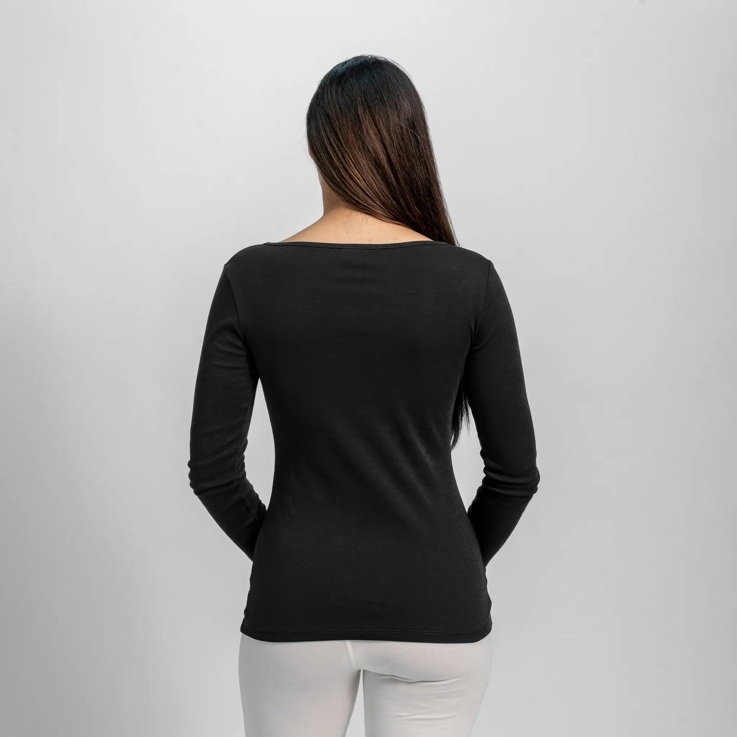 womens sustainable clothing scoop neck long sleeve color black