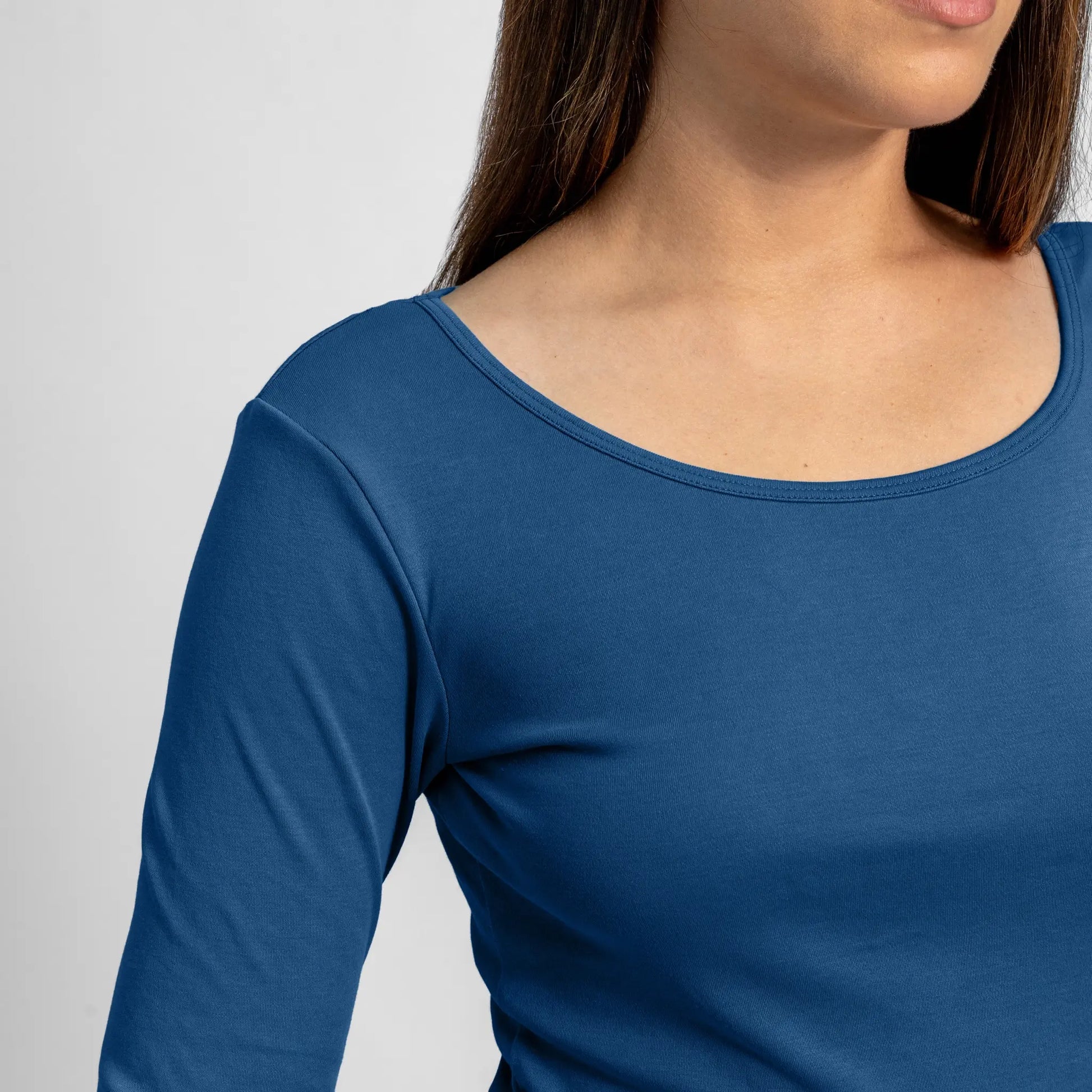 womens sustainable clothing scoop neck long sleeve color natural blue
