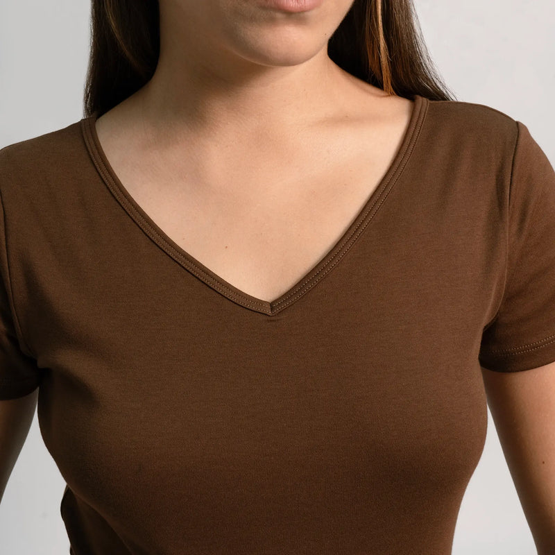 womens sustainable tee tshirt vneck color brown
