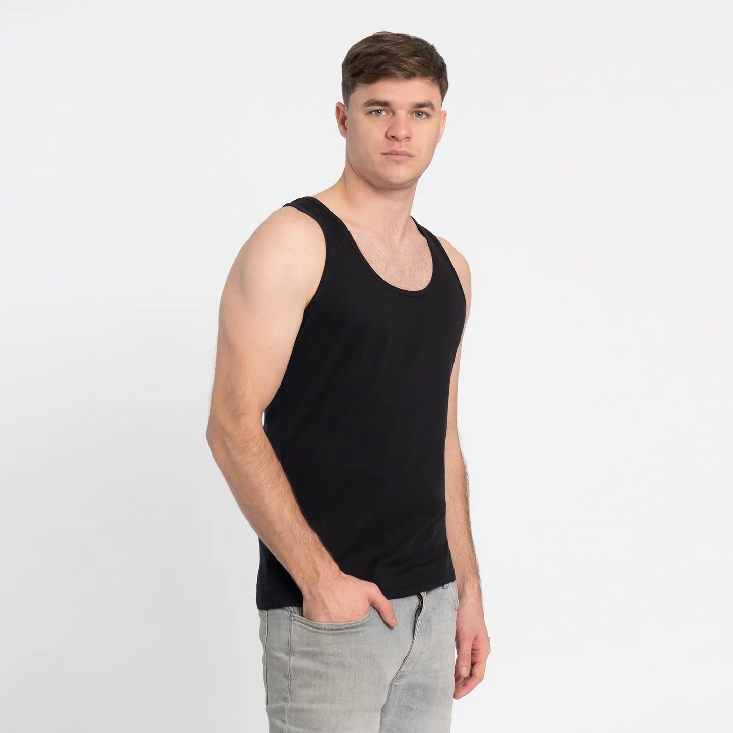 mens sustainable clothing tank top color black