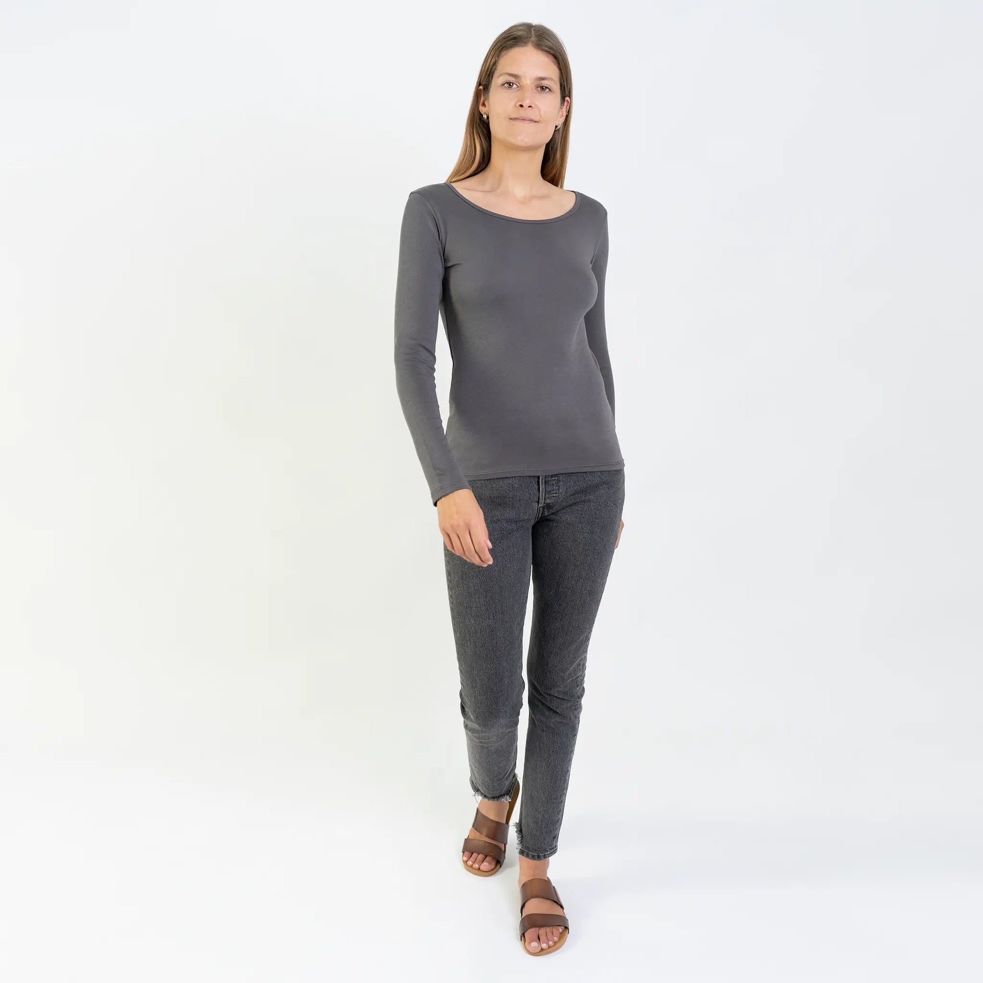 womens comfortable scoop neck long sleeve color gray