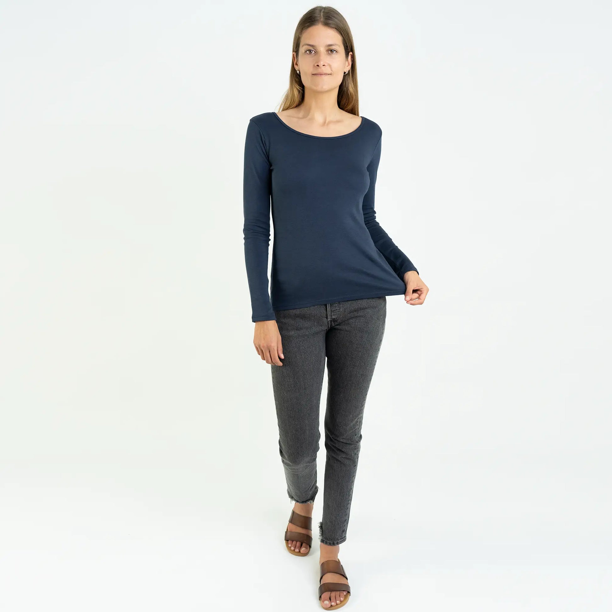 womens finest pima scoop neck long sleeve color navy blue