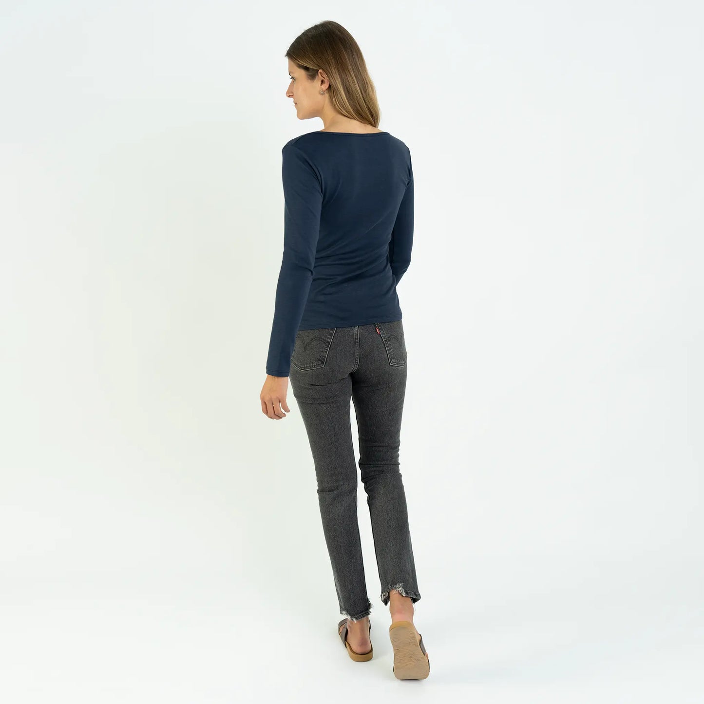 womens sustainable brand scoop neck long sleeve color navy blue