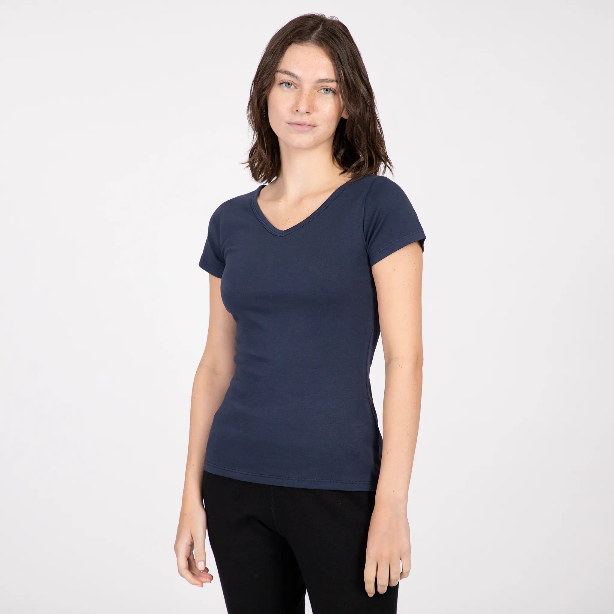 womens sustainable tee tshirt vneck color navy blue