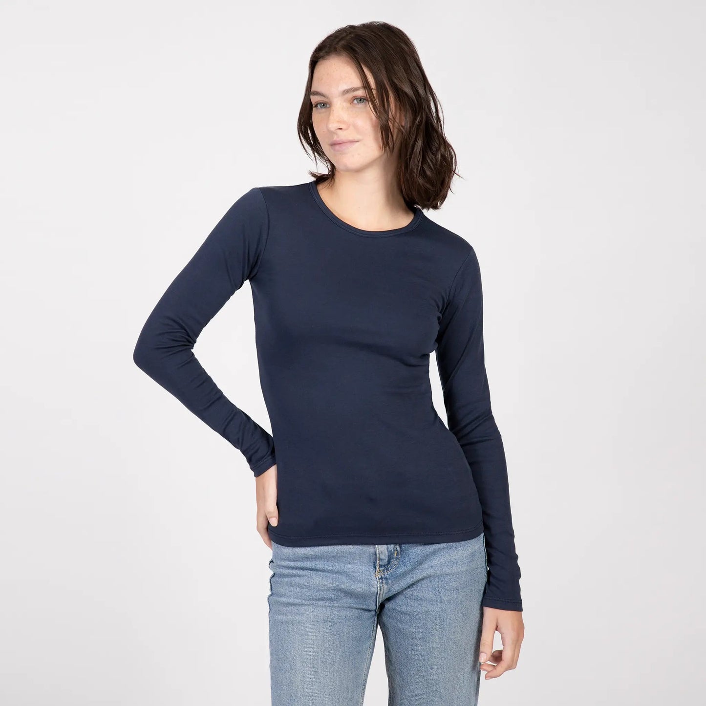 Women's Organic Pima Cotton Long Sleeve T-Shirt color Navy Blue